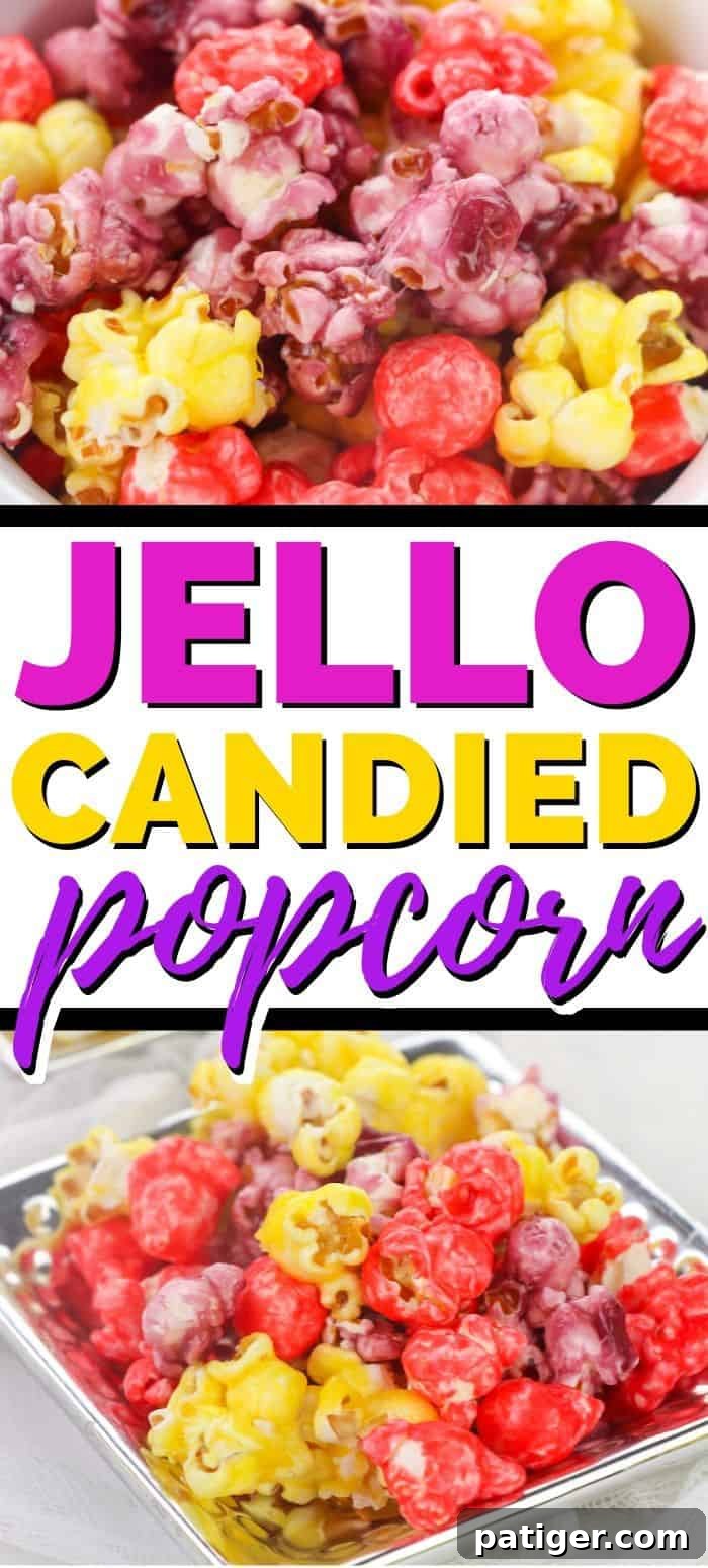 Large image of Jello Candied Popcorn, ready for pinning