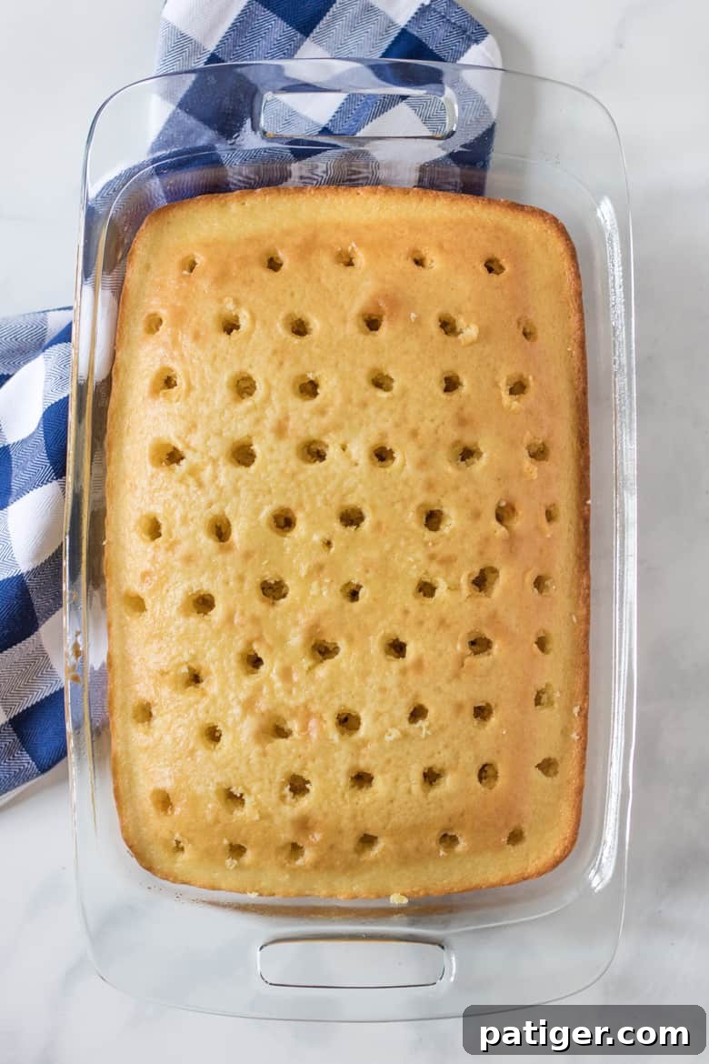 Baked sheet cake with holes poked in the top about 1/2 inch apart, ready for Jello