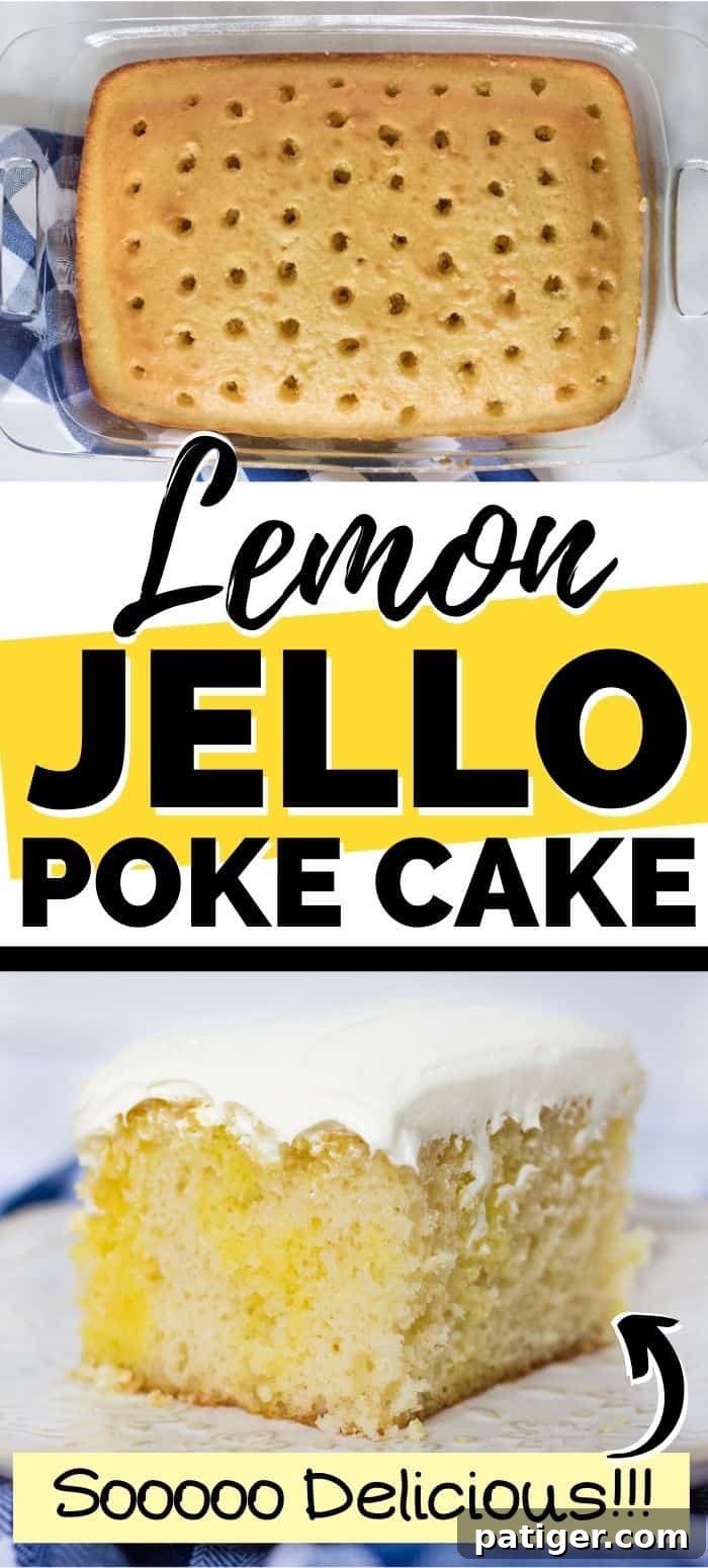 Beautiful Lemon Jello Poke Cake, ideal for saving to Pinterest
