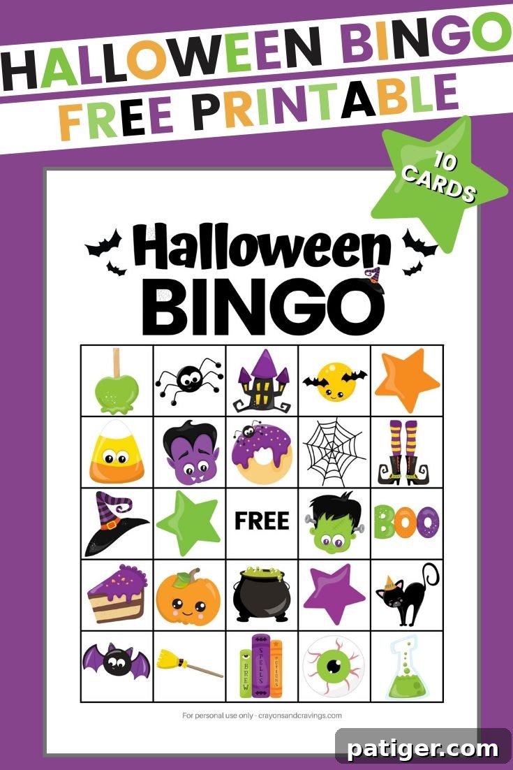 Halloween BINGO Free Printable with 10 cards, featuring cute spooky characters.