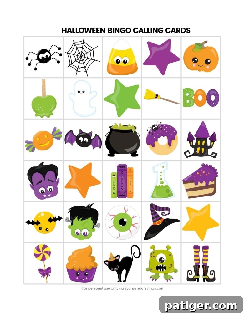 30 Halloween bingo Calling Cards on one page, ready to be cut and used.