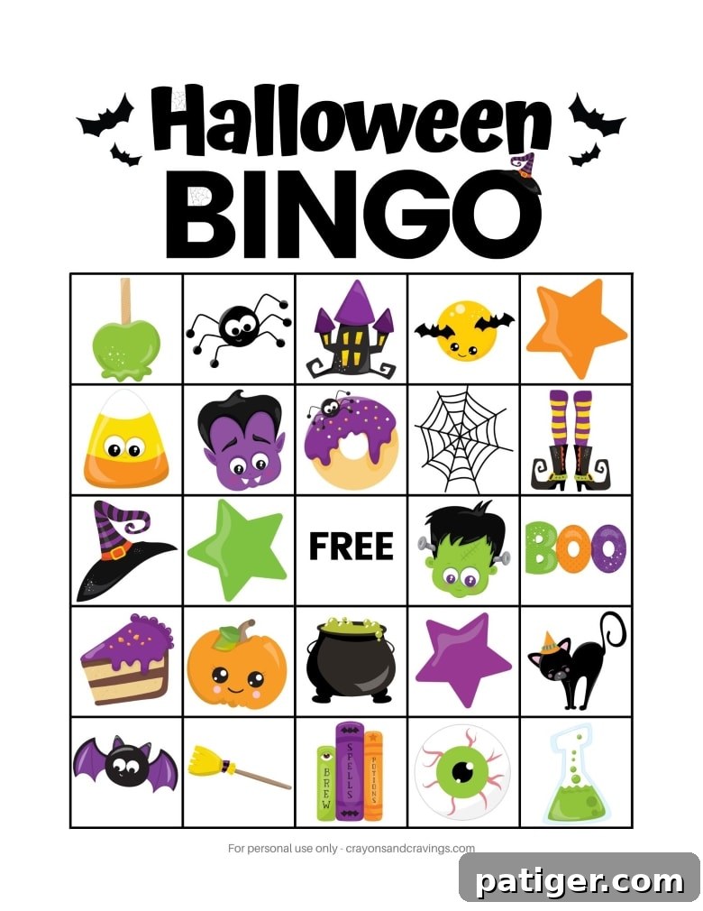 Halloween Bingo Card with 25 squares featuring cute and colorful Halloween graphics and a free space in the center.