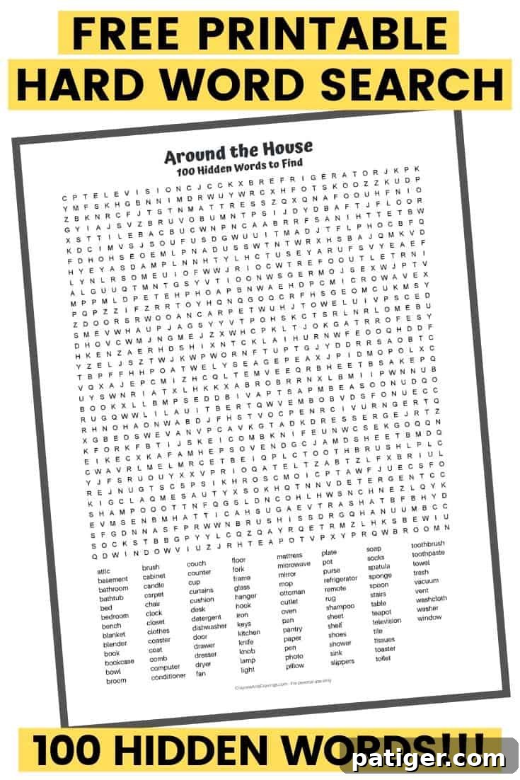 Ready-to-Print 100-Word Hunt 2 Challenging 100-Word Word Search Puzzle PDF featuring household items