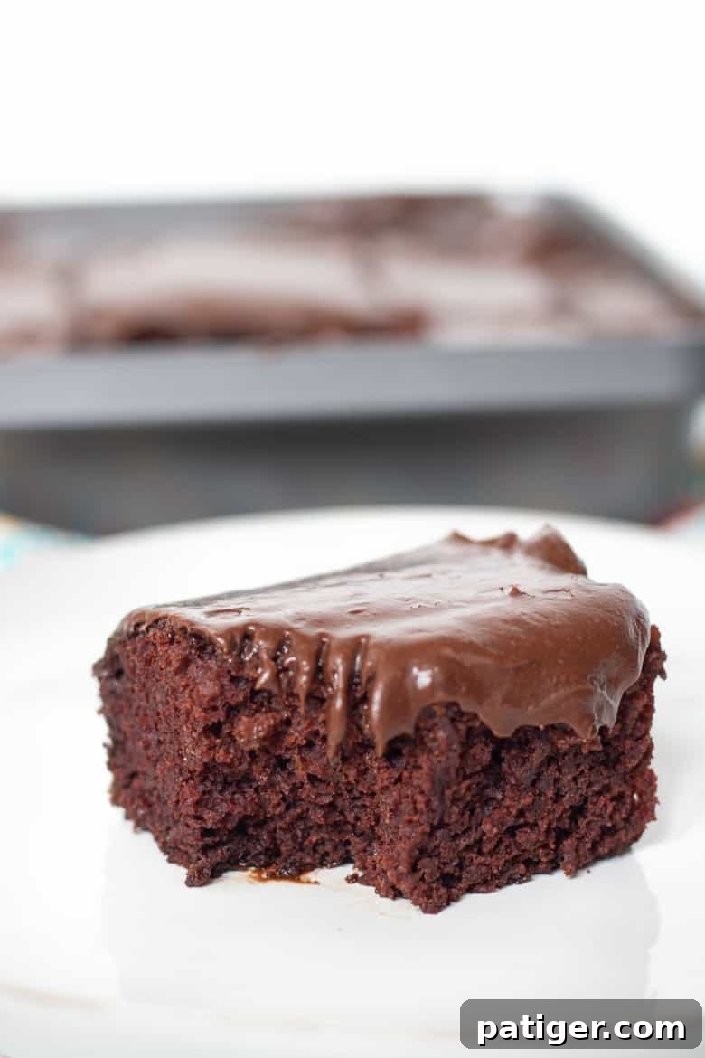 Square slice of rich and moist Crazy Cake with chocolate frosting.