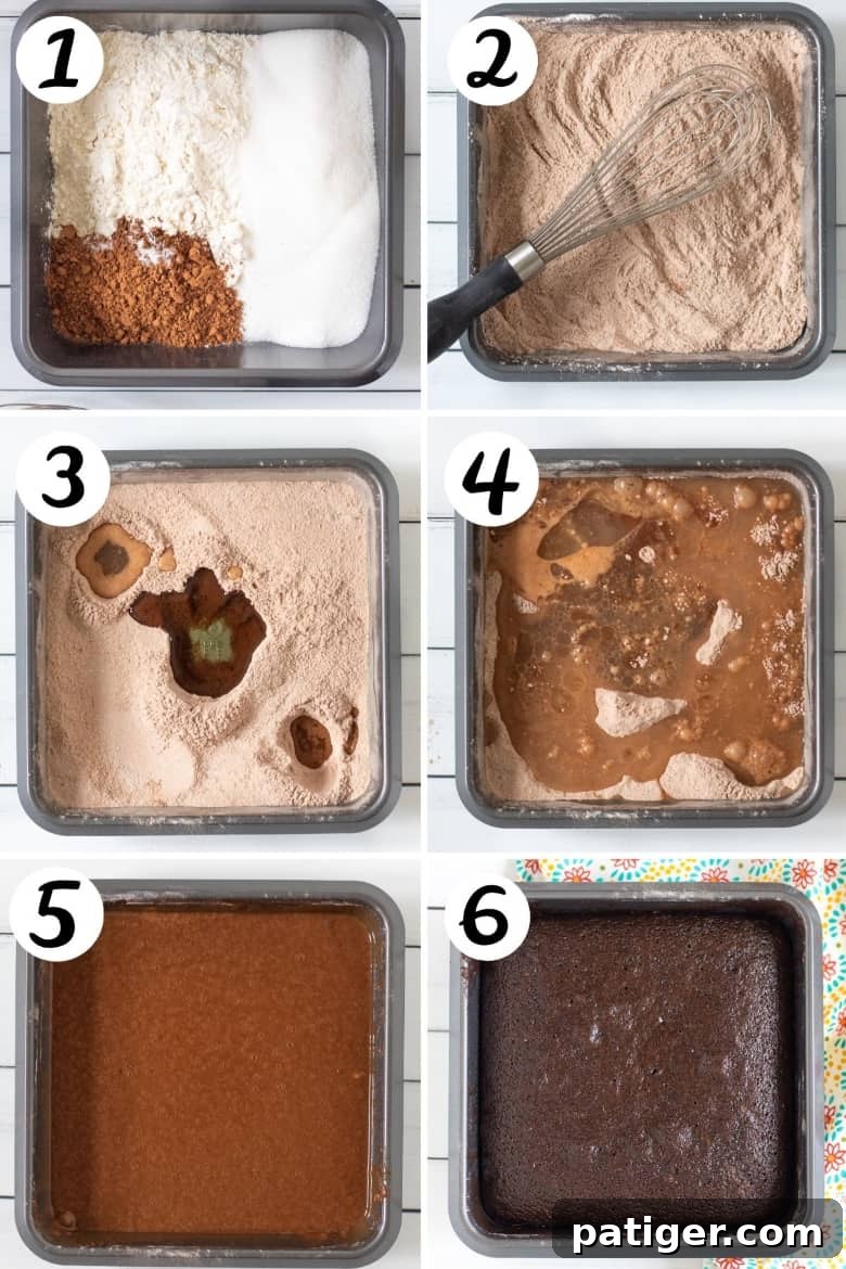 Six image collage of steps to make crazy cake. Dry ingredients are added pan then whisked together. Wet ingredients are added and mixed in. Cake is baked to chocolate perfection. 