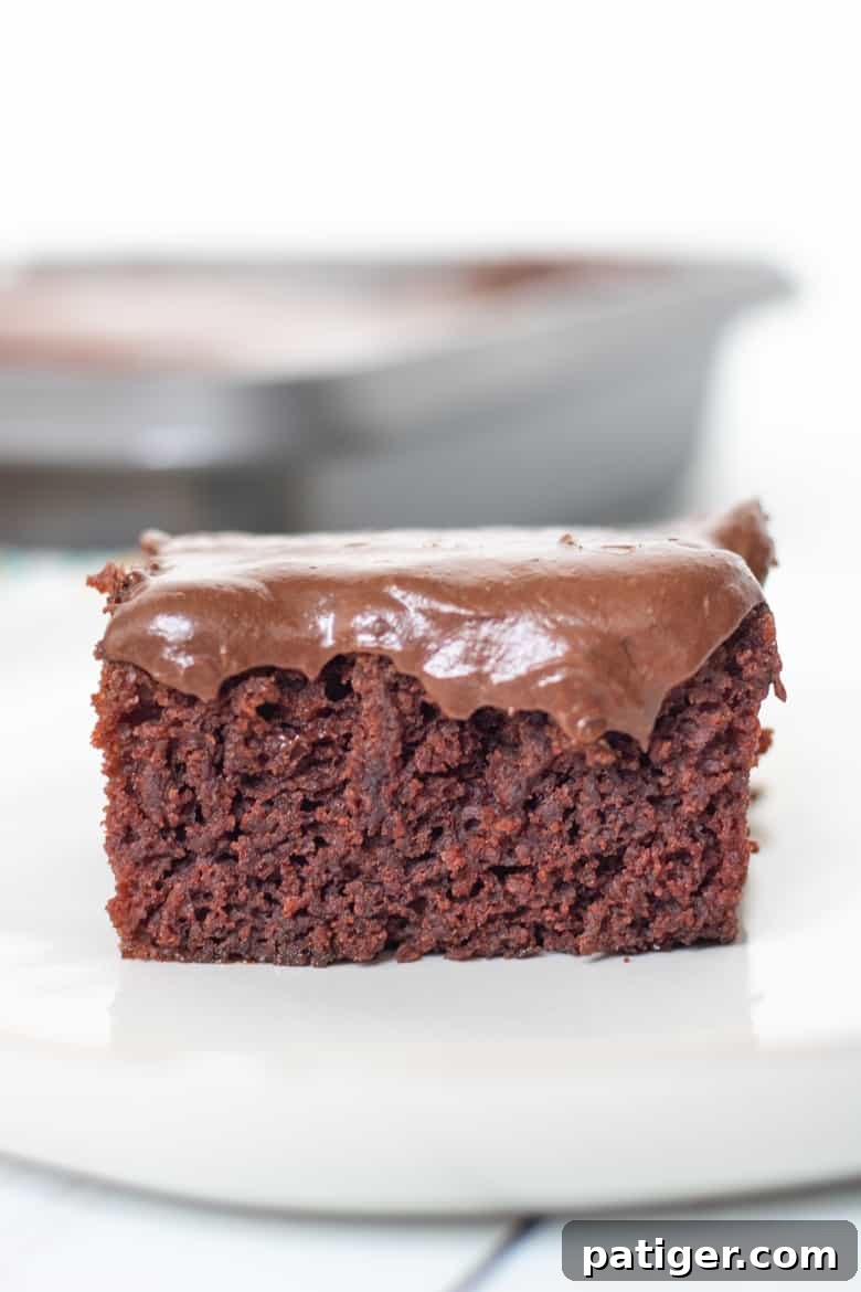 Depression era Wacky Chocolate Cake sliced into a square.