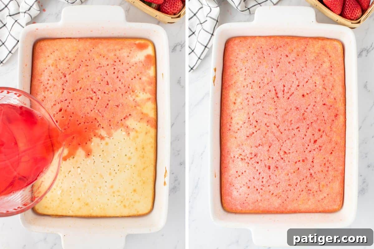 Strawberry Infusion Poke Cake 5 A vibrant red strawberry jello mixture being carefully poured over the entire top surface of a white cake, beginning to seep into the poked holes.