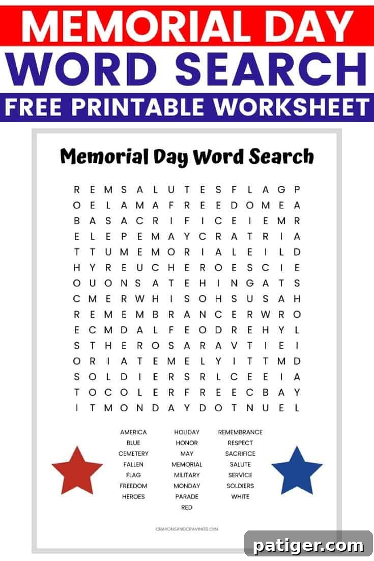 Memorial Day Word Search Free Printable for Kids - Engage children with this educational puzzle honoring fallen heroes.