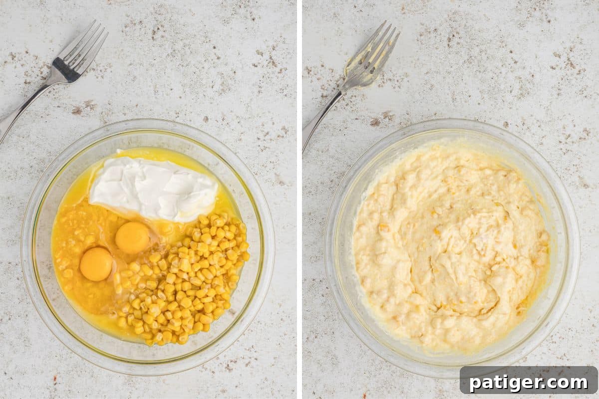 Golden Jiffy Cornbread and Creamed Corn Bake 5 On the left, individual ingredients for corn casserole are in a glass bowl with a fork. On the right, the same ingredients are shown after being thoroughly stirred together.
