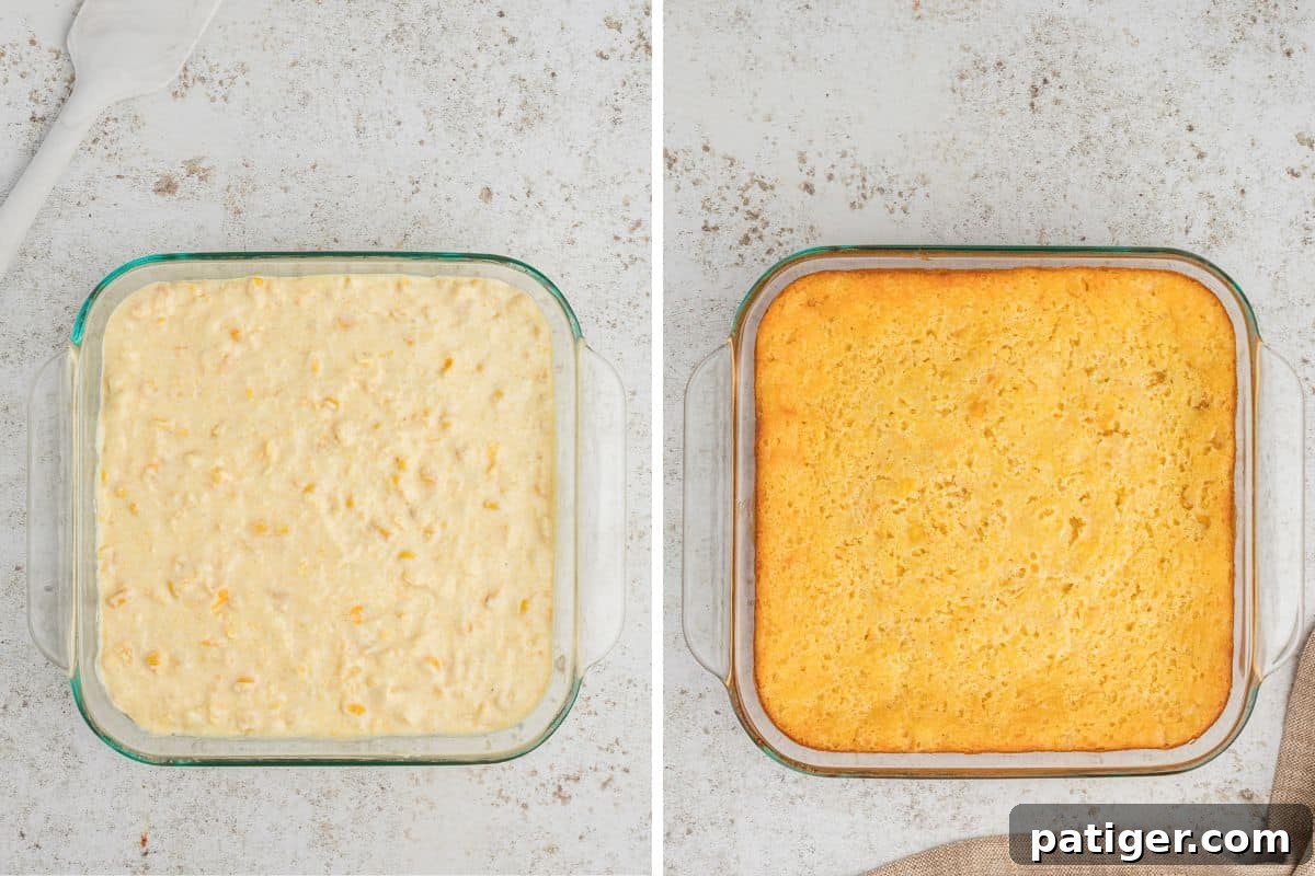 Golden Jiffy Cornbread and Creamed Corn Bake 6 On the left, uncooked corn casserole batter fills a glass baking dish with a spatula resting next to it. On the right, the same casserole is shown after baking, featuring a golden-brown top and light brown, crispy edges.