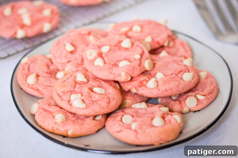 Pink strawberry cake mix cookies with white chocolate chips piled on a white plate, showcasing their soft and chewy texture.