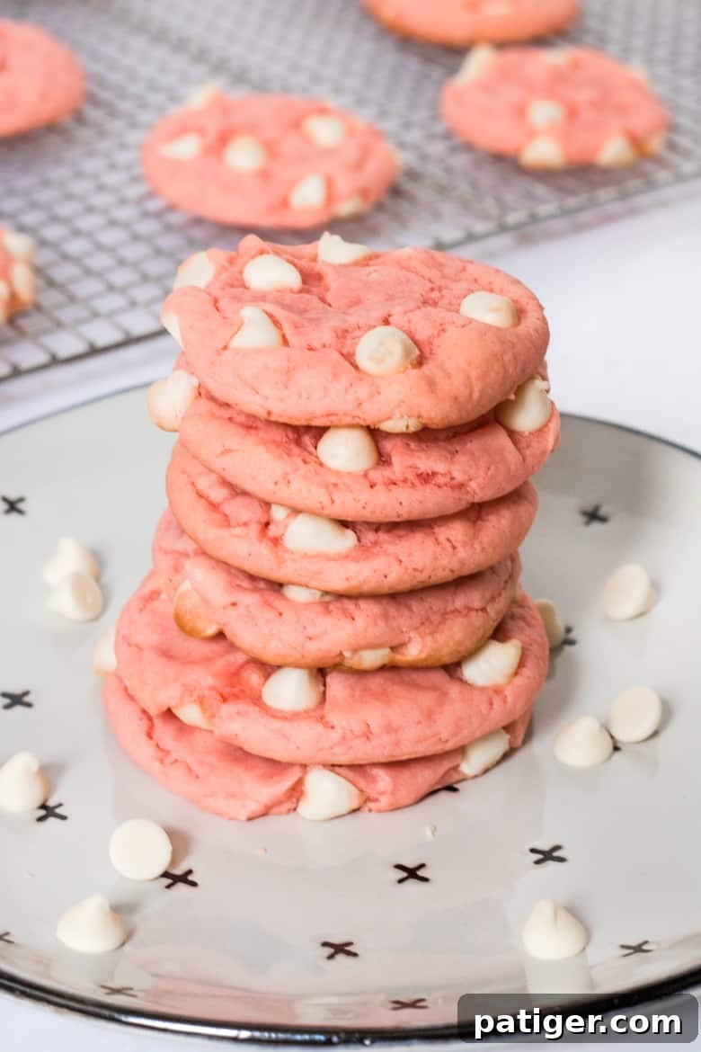 Stacked pink strawberry cake cookies with white chocolate chips on a white plate, highlighting their vibrant color and delicious texture.