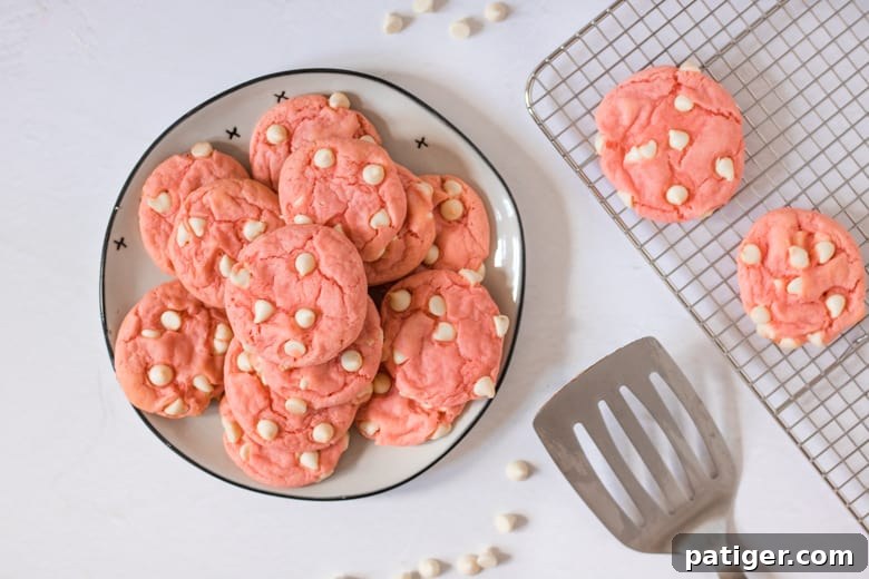 Strawberry cake cookies with white chocolate chips on a plate, with a metal spatula and more cookies cooling on a wire rack nearby.