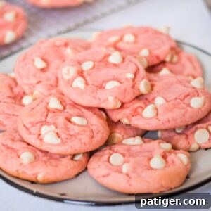 Strawberry cake mix cookies with white chocolate chips on a white plate.