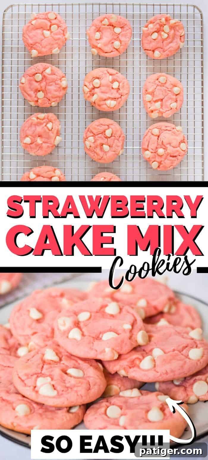 Pinterest collage image with text: Strawberry Cake Mix Cookies - So easy! Featuring delicious pink cookies.