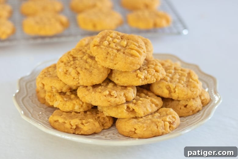Savory Cheddar Cheese Cookies with Rice Krispies on a white plate with a cookie on a cooling rack in the background