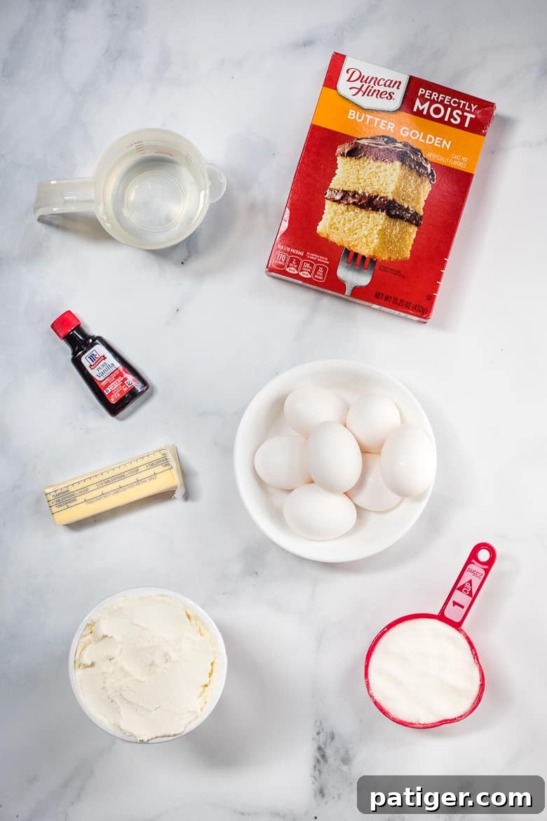 Effortless Ricotta Cake 4 Essential ingredients for an easy ricotta cake using boxed cake mix, including Duncan Hines Perfectly Moist Butter Golden Cake Mix, large eggs, softened butter, vanilla extract, creamy ricotta cheese, and granulated sugar.