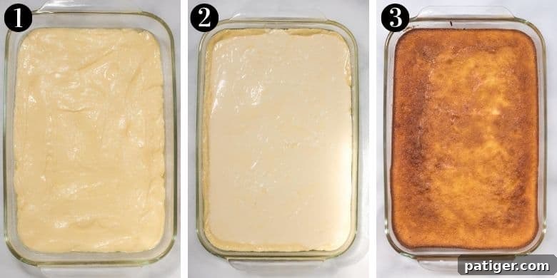 Effortless Ricotta Cake 5 A three-image collage showing the process of making ricotta cake: 1) cake batter spread in the pan, 2) creamy ricotta mixture layered over the batter, and 3) the baked cake with a perfectly golden-brown top.