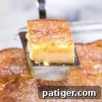 Effortless Ricotta Cake 9 A smaller image of a slice of cake being removed with a spatula.