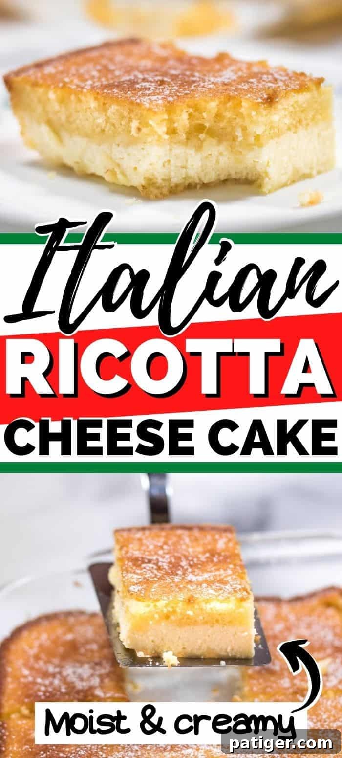 Effortless Ricotta Cake 10 A visually appealing Pinterest pin graphic featuring the Italian Ricotta Cheese Cake, highlighting its ease and deliciousness. Perfect for saving to your dessert boards.