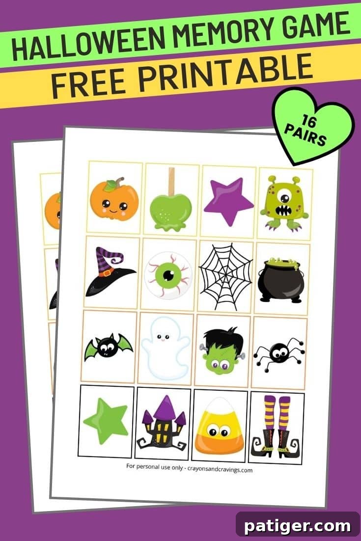 Free printable Halloween Memory Game for kids featuring 16 unique pairs of cards with cute and colorful Halloween graphics.