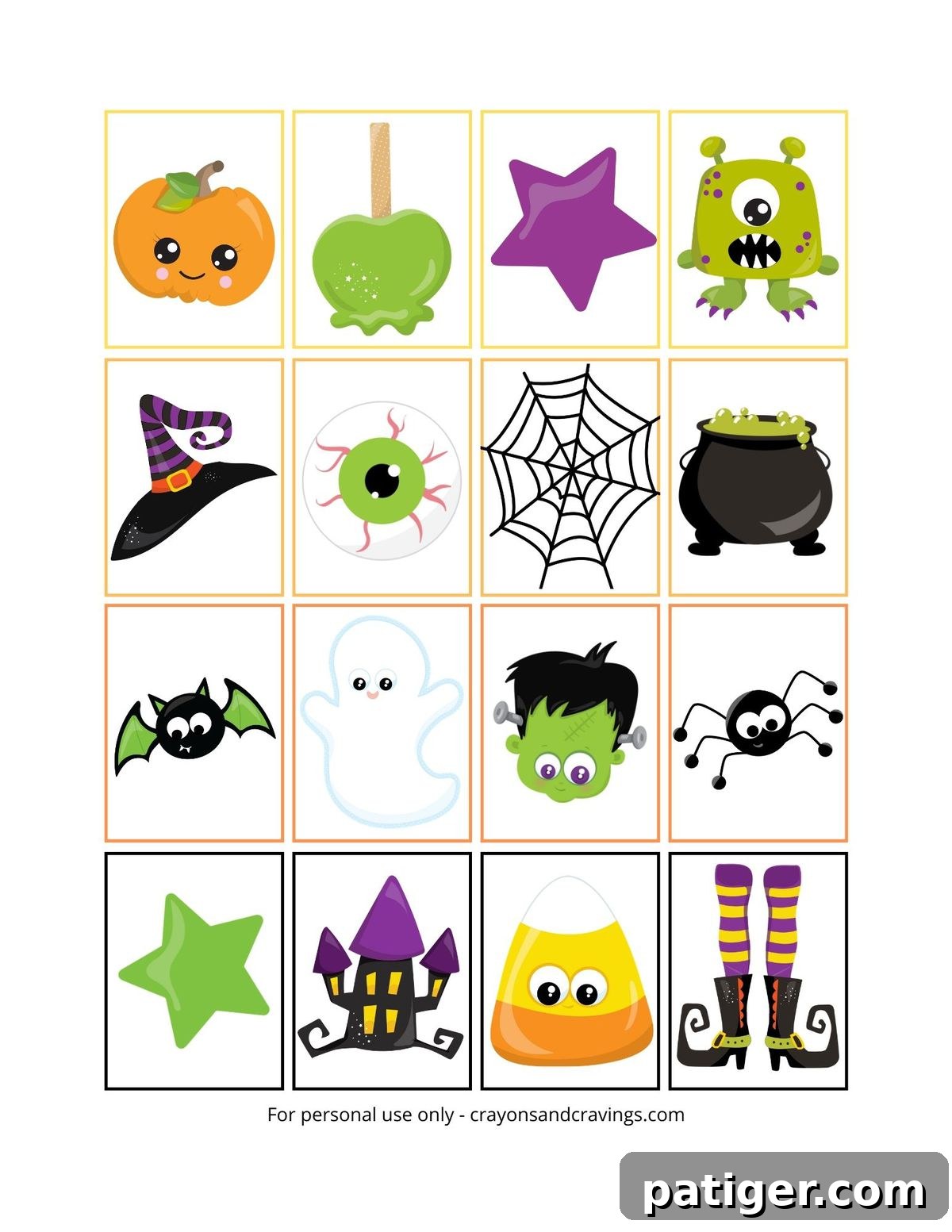 Halloween Memory Game printable showing 16 rectangular cards with cute and colorful Halloween graphics laid out for play.