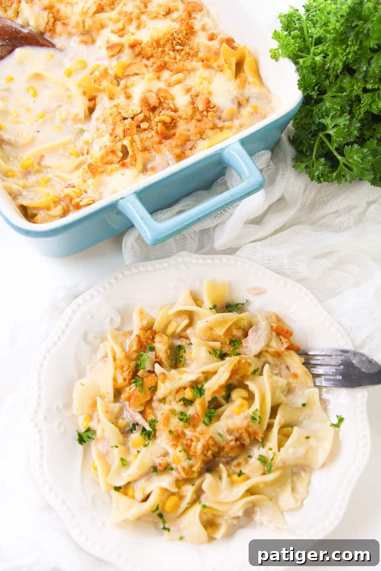 Tuna Casserole with egg noodles and a crunchy topping