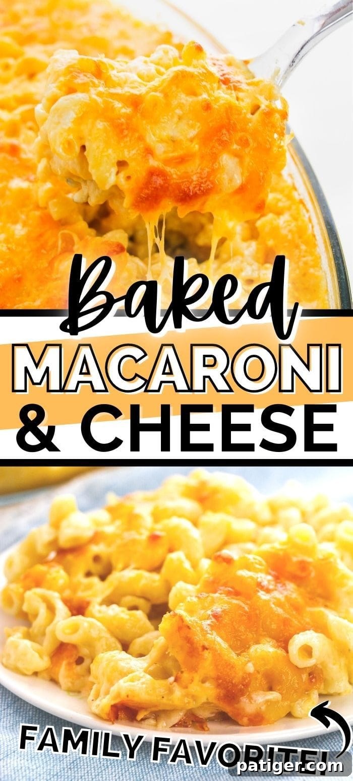 A top-down view of a golden, bubbly baked macaroni and cheese casserole in a white baking dish, ready for serving.