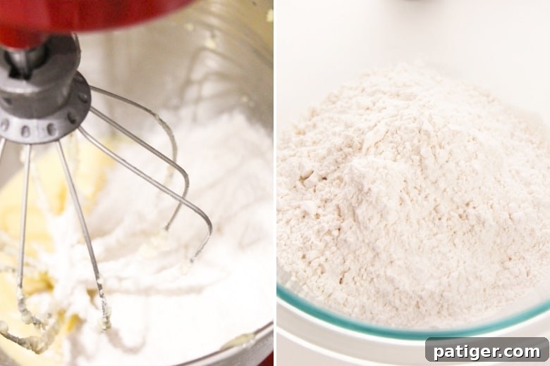 Step-by-step image showing how to make sprinkle sugar cookies: mixing ingredients in a bowl
