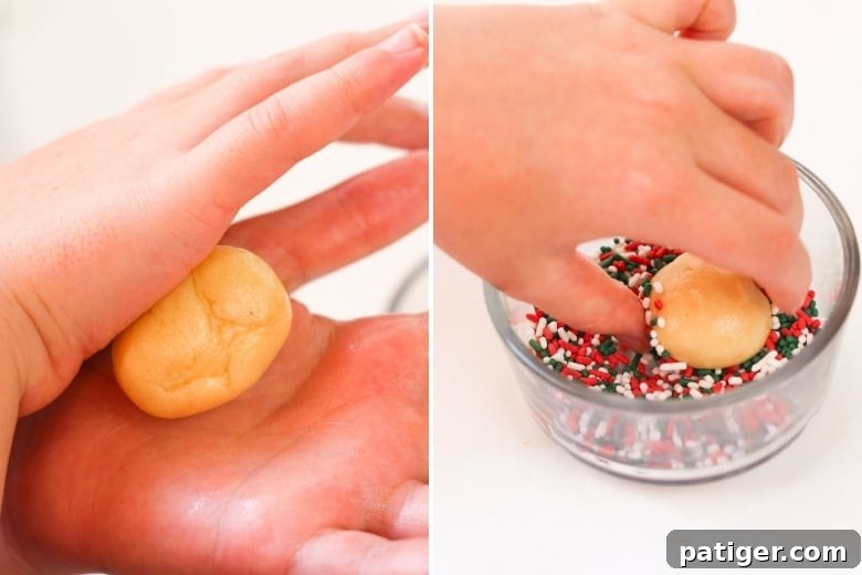 Step-by-step image showing rolling cookie dough into a ball and then into sprinkles