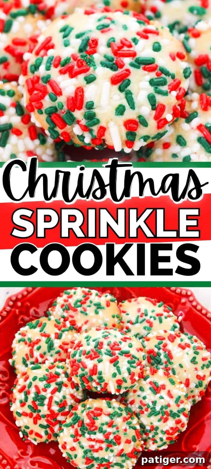 A beautifully arranged stack of festive Christmas Sprinkle Cookies, perfect for holiday gatherings or a cozy treat. Easy no-roll sugar cookie recipe for the holidays.