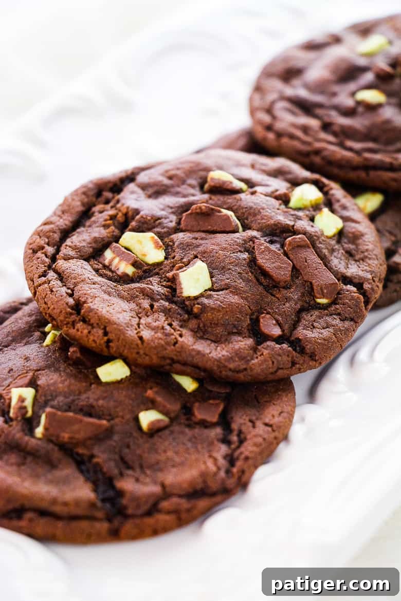 Close-up of freshly baked York Peppermint Patty Cookies with melted mint centers