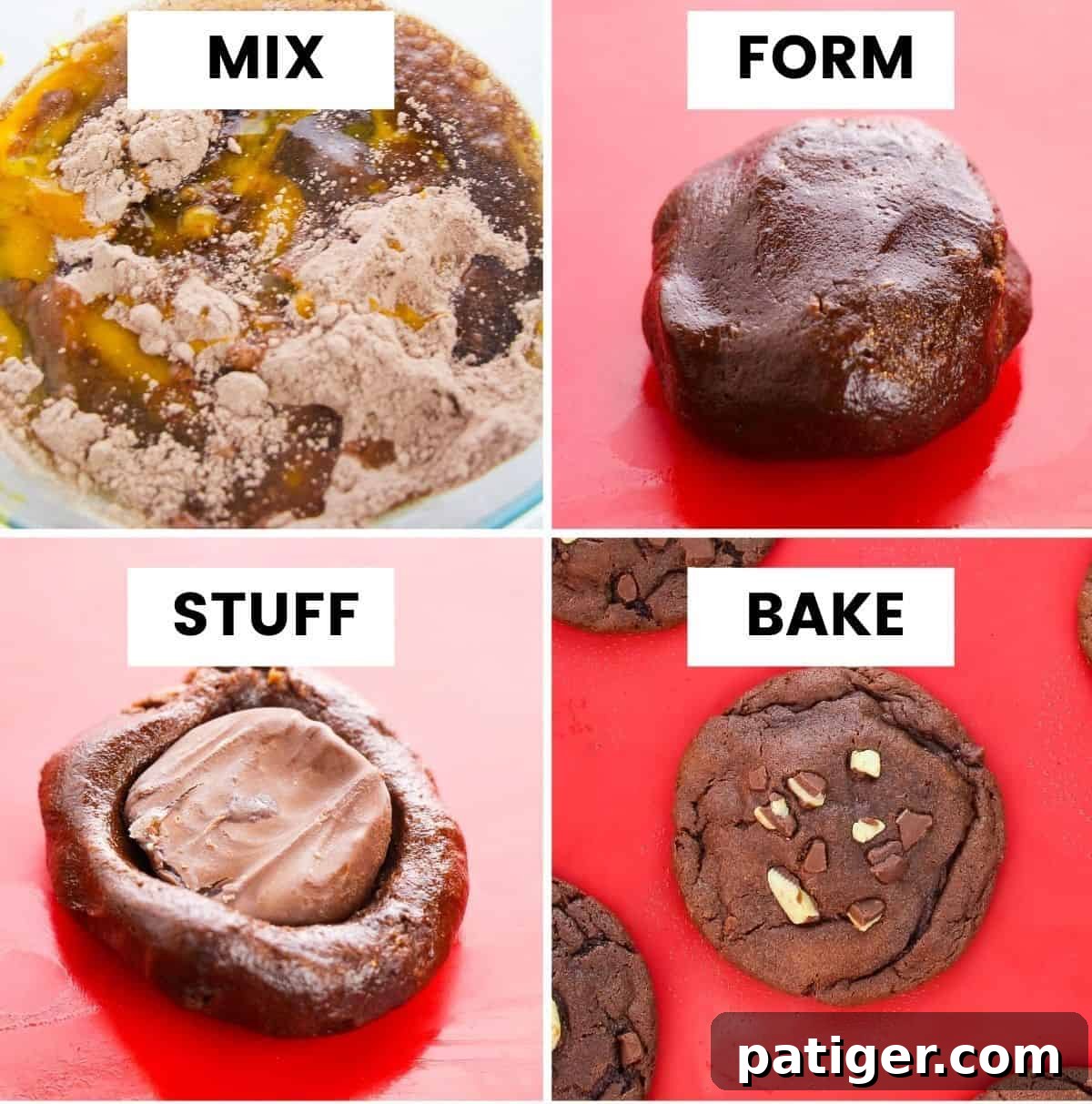 Step-by-step process of making Peppermint Patty Stuffed Chocolate Cookies