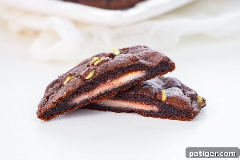 Chocolate cake mix cookies filled with peppermint patties, garnished with mint chocolate chips