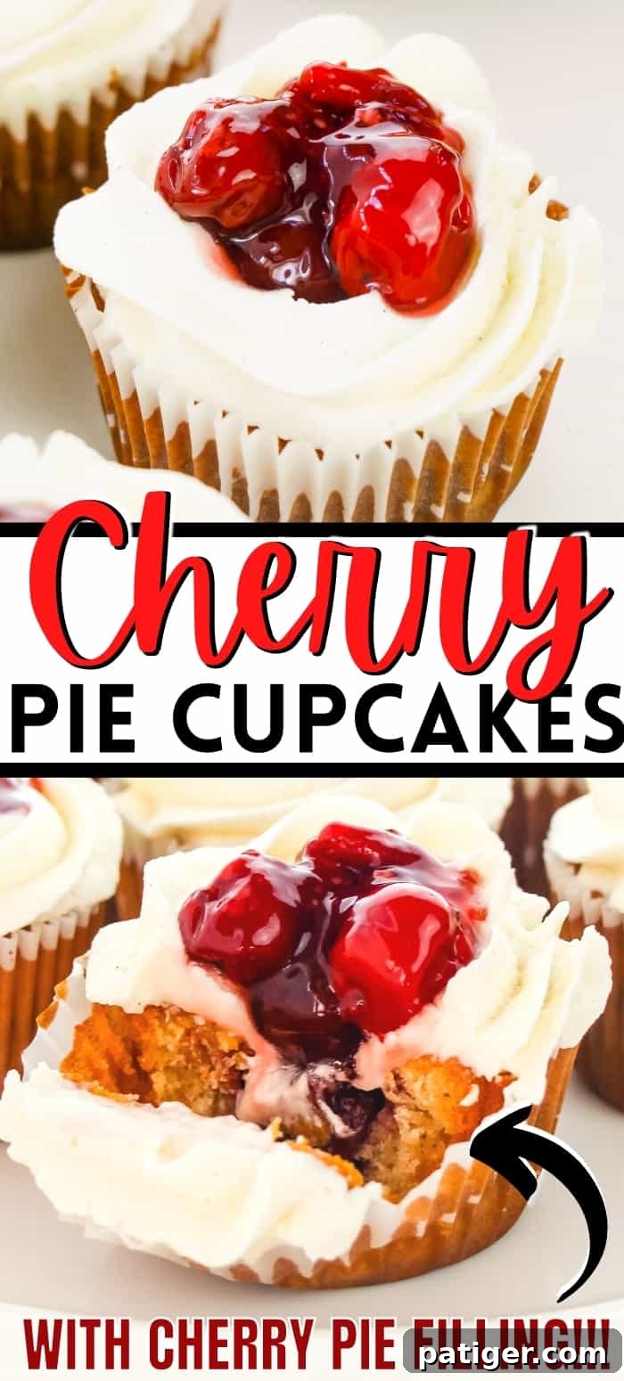 Pinterest image, reads: Cherry Pie Cupcakes with Cherry Pie Filling. A perfect dessert recipe with buttercream frosting