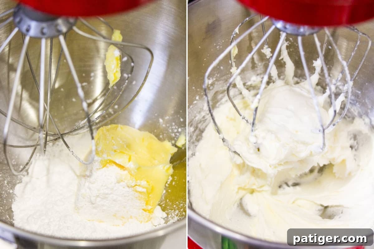 Process of making cupcake batter: on left, butter and sugar in a mixer; on right, light and fluffy creamed mixture