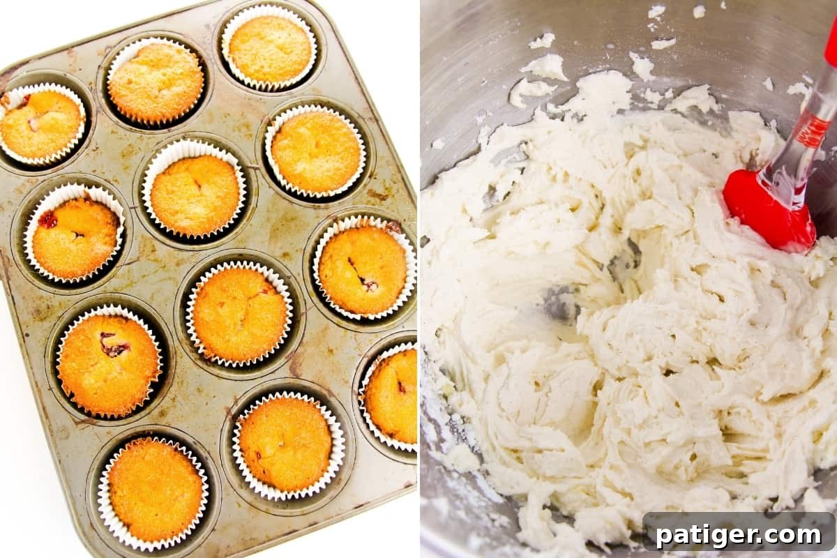 Freshly baked cherry pie cupcakes on a cooling rack, alongside a bowl of homemade buttercream frosting