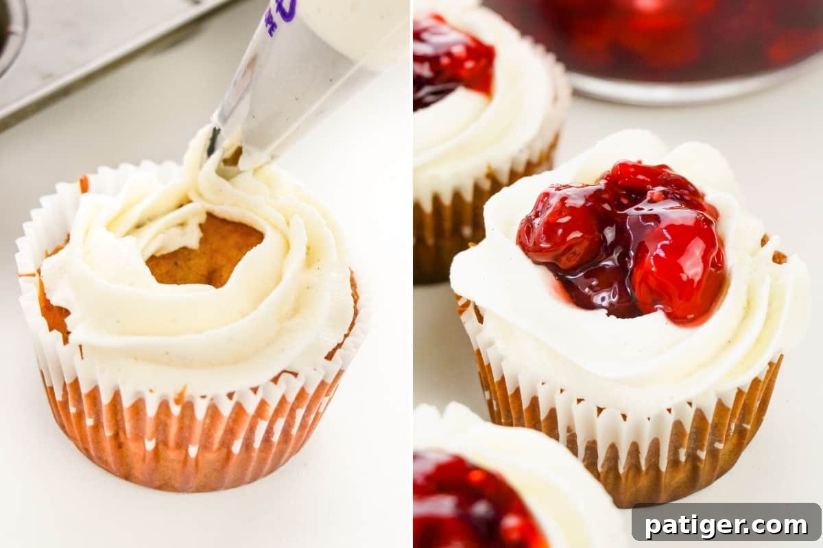Decorating cupcakes: Left, piping a circle of buttercream frosting. Right, adding cherry pie filling to the center of the frosting.