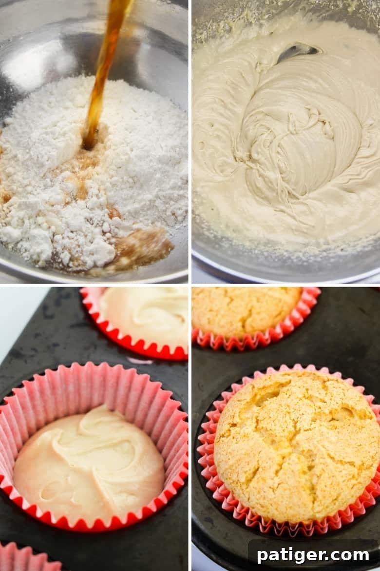4 image collage: first image shows root beer being poured into mixing bowl; second image shows cupcake batter well mixed, next image shows cupcake liners 2/3 full, last image shows golden brown cupcakes