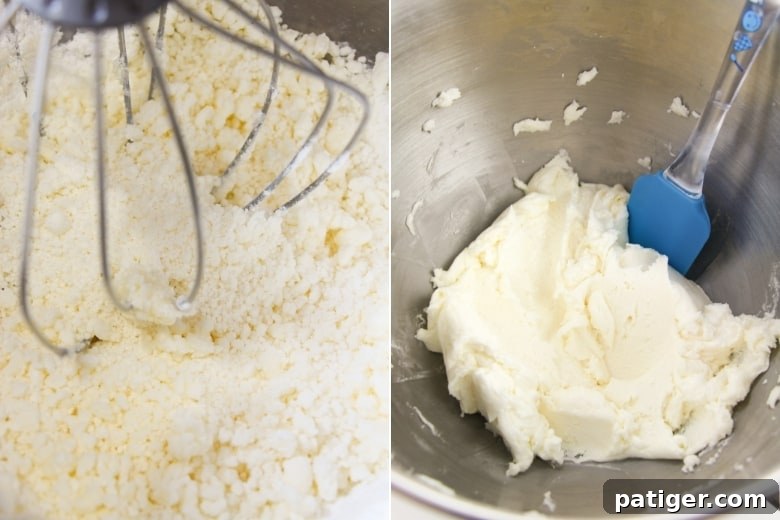Buttercream frosting being mixed, thick buttercream frosting ready to use