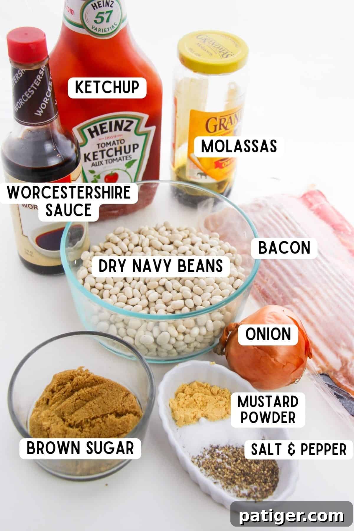 Ultimate Boston Baked Beans 4 Ketchup, molasses, Worcestershire sauce, dry navy beans, onion, bacon, mustard powder, brown sugar, salt, and pepper.