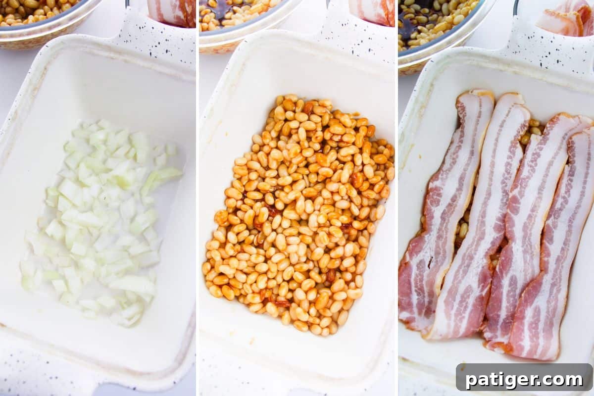 Ultimate Boston Baked Beans 7 Three image collage of casserole dish with chopped onions on the bottom, then with sauce-covered navy beans added, then topped with bacon.