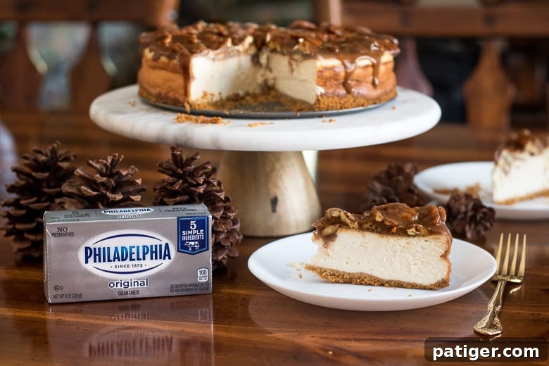 Delicious homemade Pecan Pie Cheesecake made with Philadelphia Cream Cheese, perfect for holiday gatherings and dessert tables.