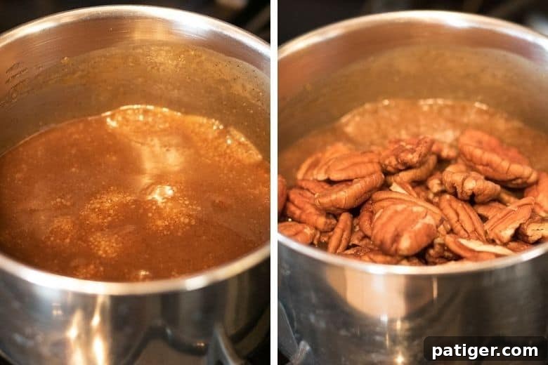 The process of making the rich caramel pecan topping in a nonstick skillet, showing the pecans being coated.
