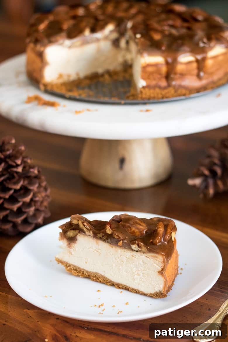 Homemade Pecan Pie Cheesecake recipe featuring a golden graham cracker crust and rich caramel pecan topping, ideal for fall and winter holidays.