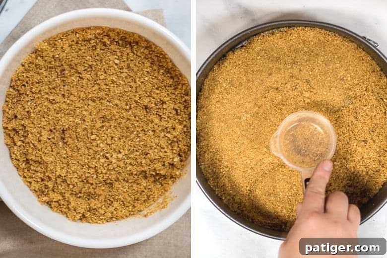 Visual guide showing the graham cracker crumbs, melted butter, and brown sugar being mixed for the cheesecake crust.