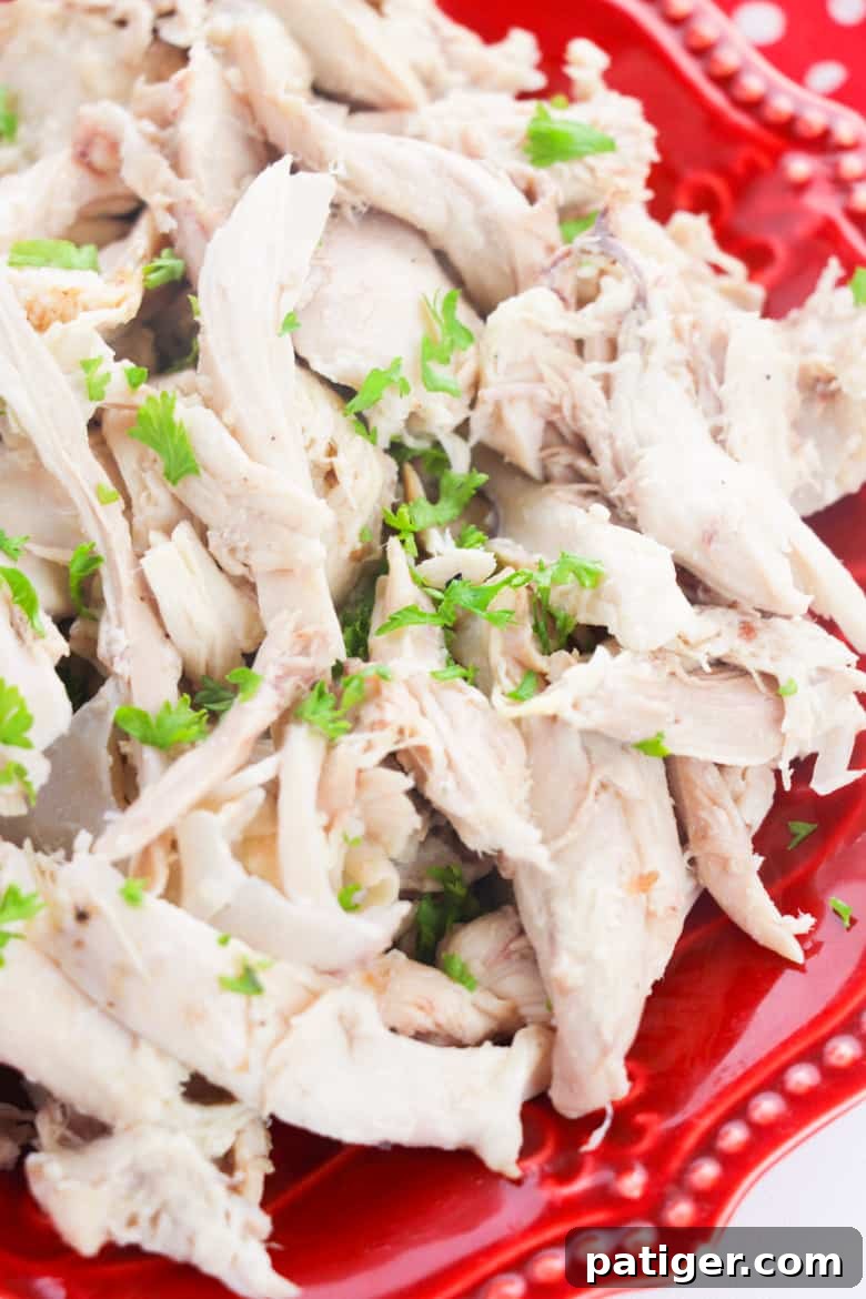 A close-up shot of fluffy shredded chicken piled high on a rustic red plate, emphasizing its tender texture.
