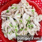 Overhead image of shredded poached chicken on red plate, inviting interaction.