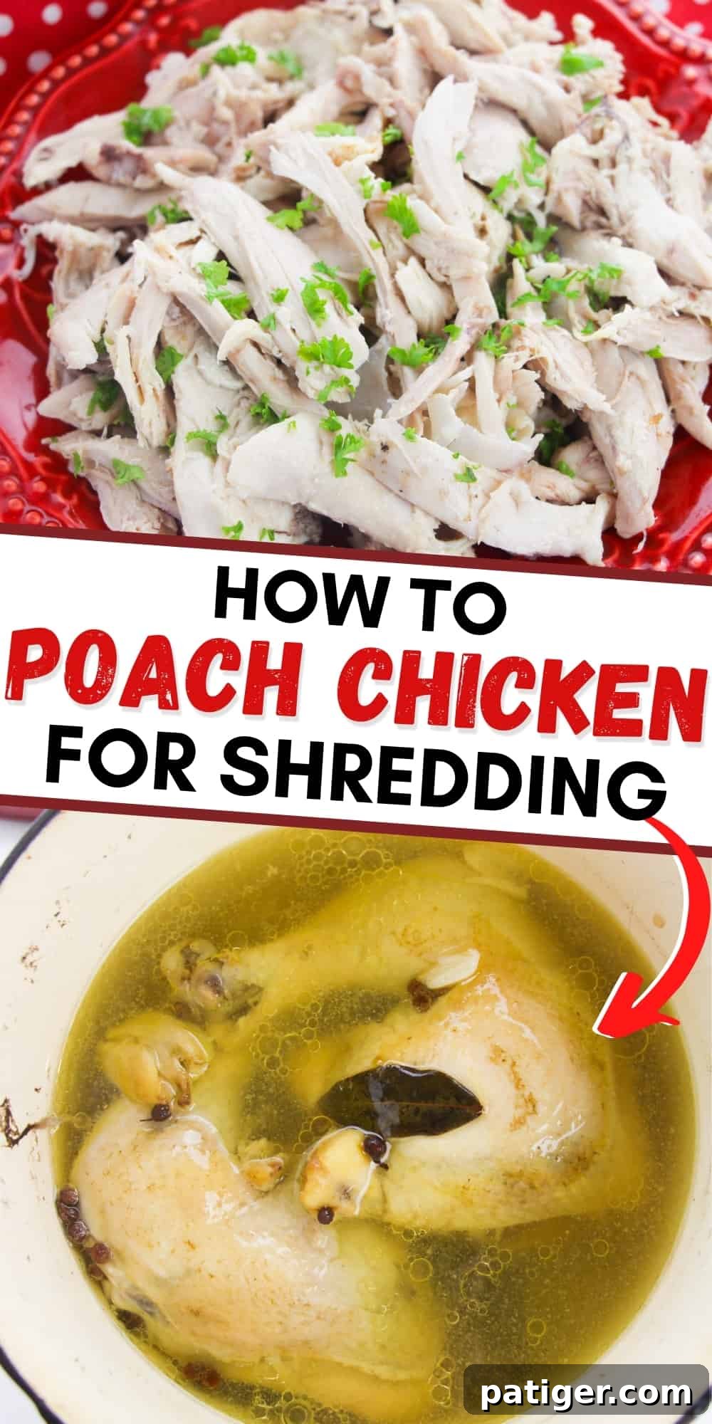 Pinterest image with text overlay: 'How to Poach Chicken for Shredding', designed for sharing and visual appeal.