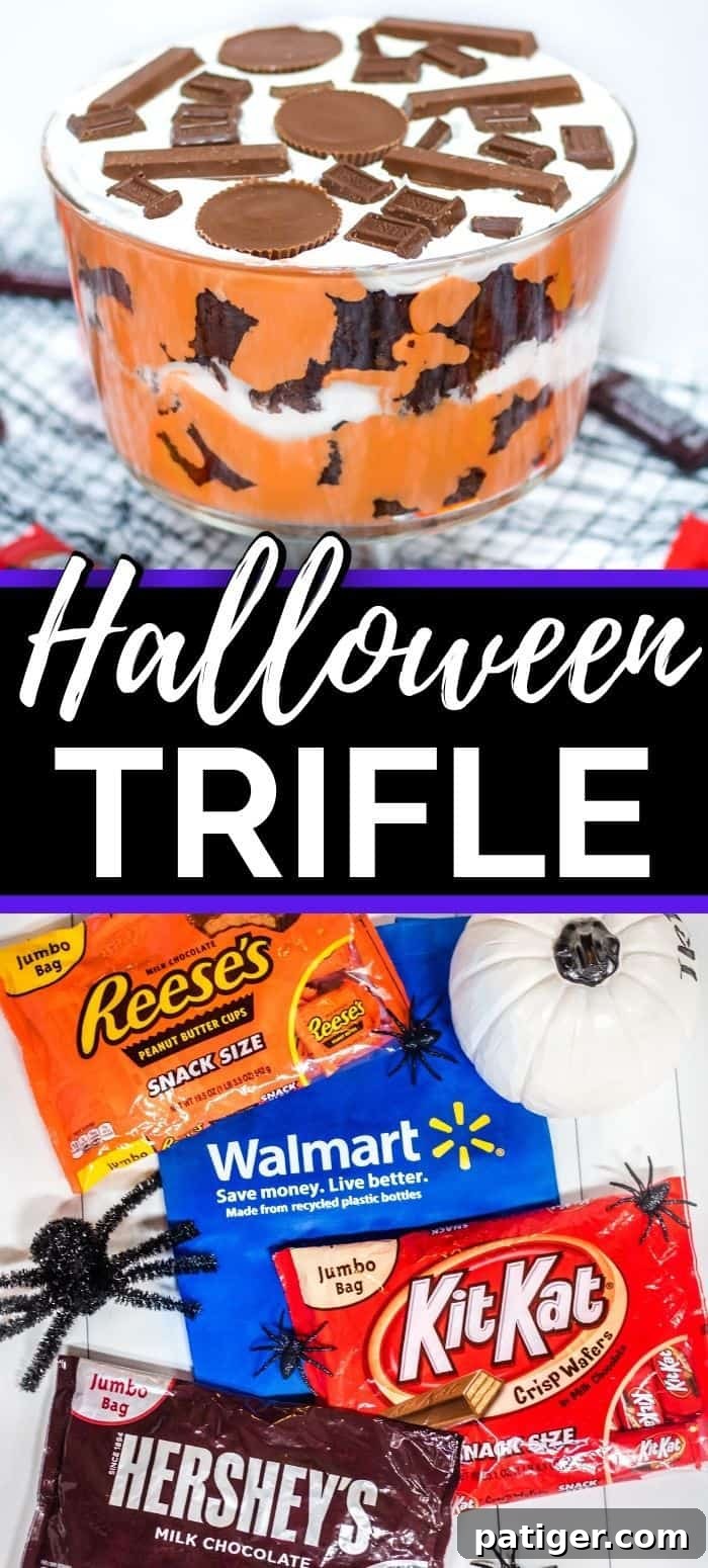 A large, visually appealing Halloween Trifle image optimized for Pinterest, featuring layers of chocolate brownies, orange pudding, and whipped cream, topped with HERSHEY® Halloween candy. Perfect for saving and sharing for future Halloween dessert inspiration.